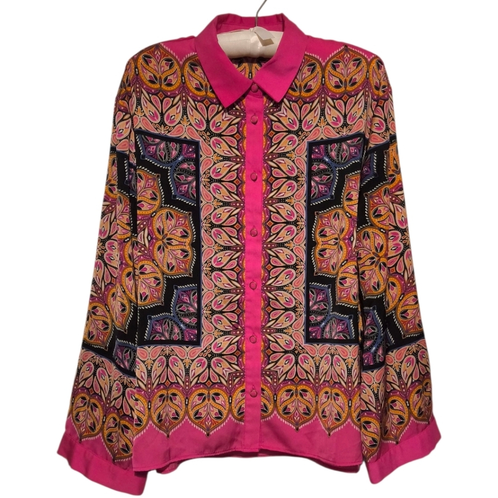 Rose and Olive Hot Pink Paisley Long Sleeve Button Down Blouse Boho Chic Size Sm